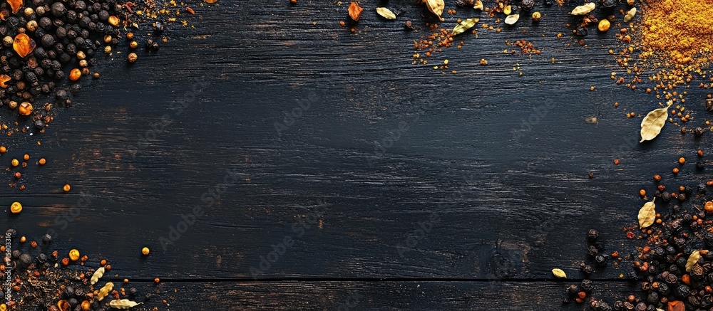Poster various spices on a black wooden background top view with copyspace