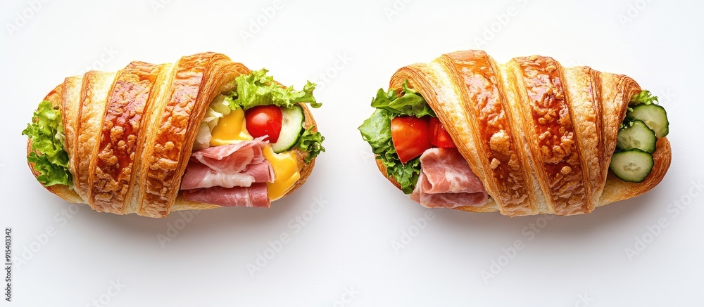 Poster delicious croissant sandwich featuring fresh ham cheese tomato cucumber and lettuce alongside a sub 