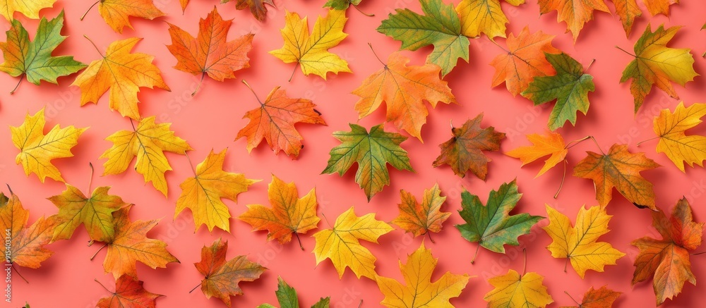 Poster golden autumn theme a pattern of yellow green and orange maple leaves on a coral background top view