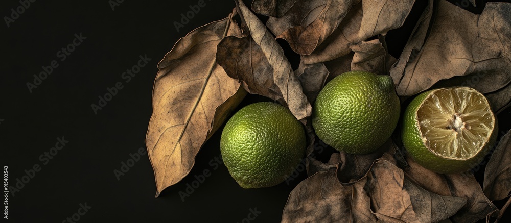 Poster Focus on dried leaves and three limes against a black background. with copy space image. Place for adding text or design