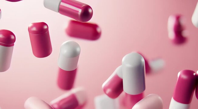 Floating pink and white capsules on a pink background representing pharmaceutical pills or medication.