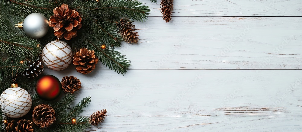 Poster christmas backdrop featuring a fir tree and decorations on a white wooden surface christmas and new 