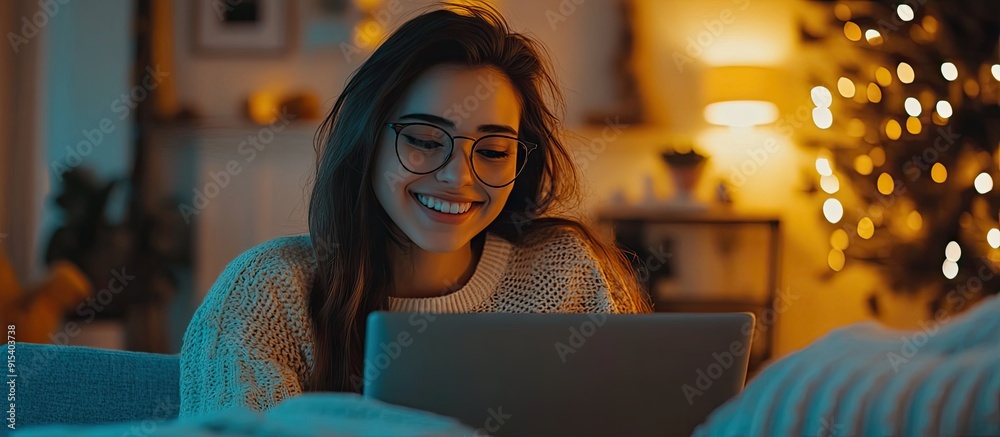 Poster Joyful Woman Using Laptop at Home. with copy space image. Place for adding text or design