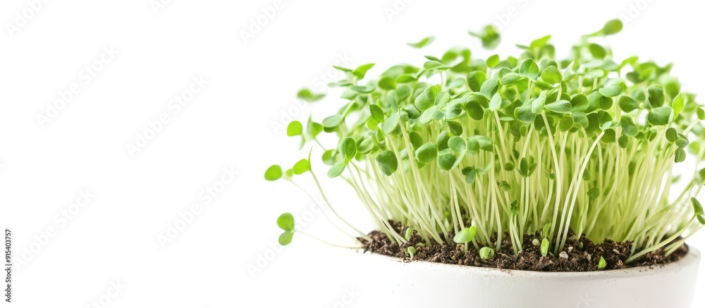 Poster close up of micro green pea sprouts in a pot with soil on a white background represents healthy food