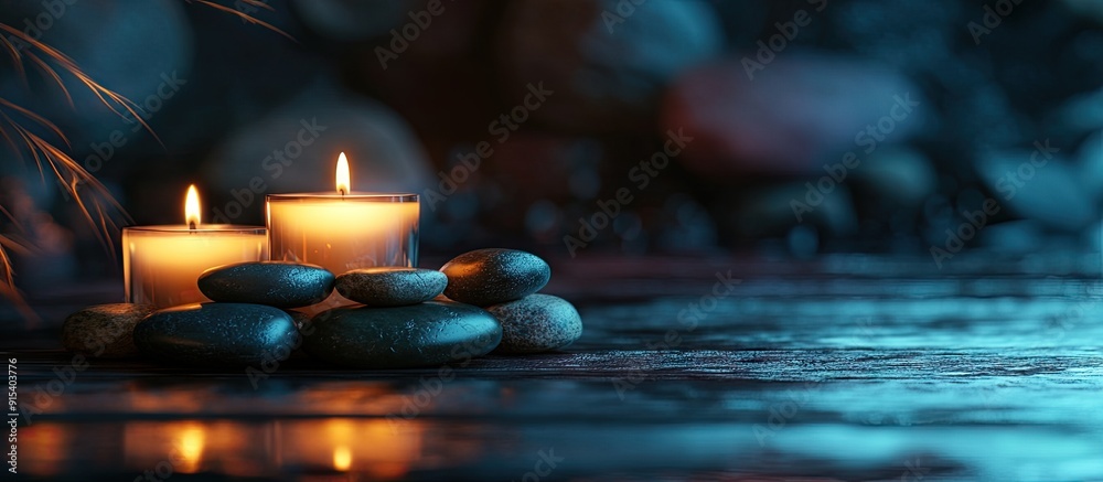 Poster Beautiful arrangement of candles and spa stones on a wooden surface. with copy space image. Place for adding text or design