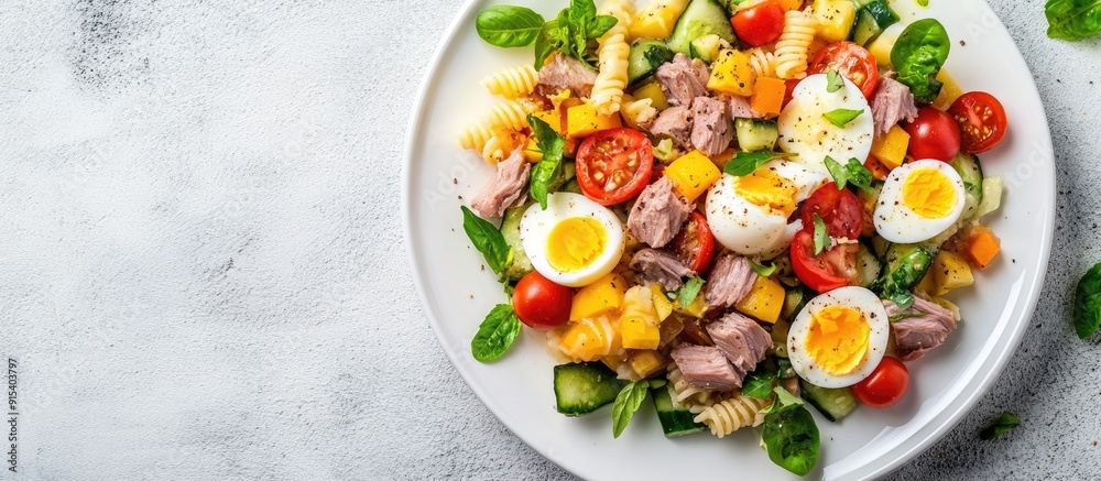 Poster pasta salad featuring preserved tuna vegetables and eggs served on a white plate against a light sla