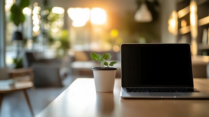 Laptop displaying blank screen sitting on desk in modern coworking office