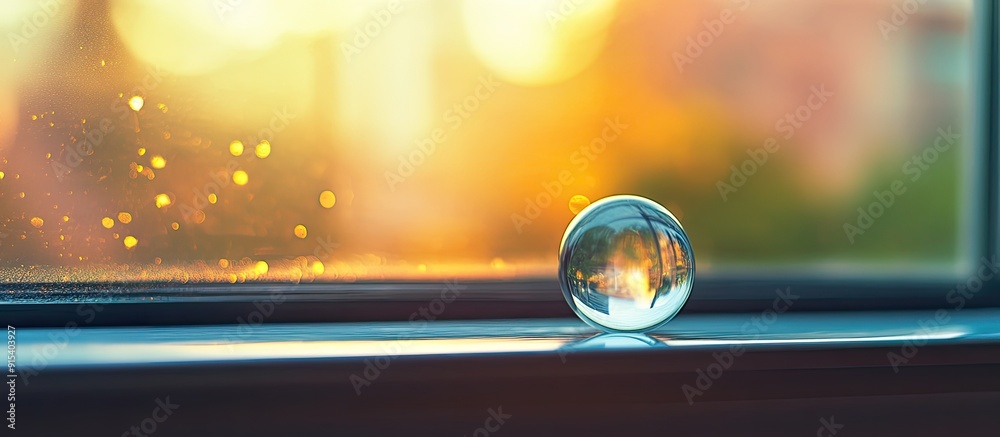 Poster selective focus on a small ball underneath glass on the windowsill. with copy space image. place for