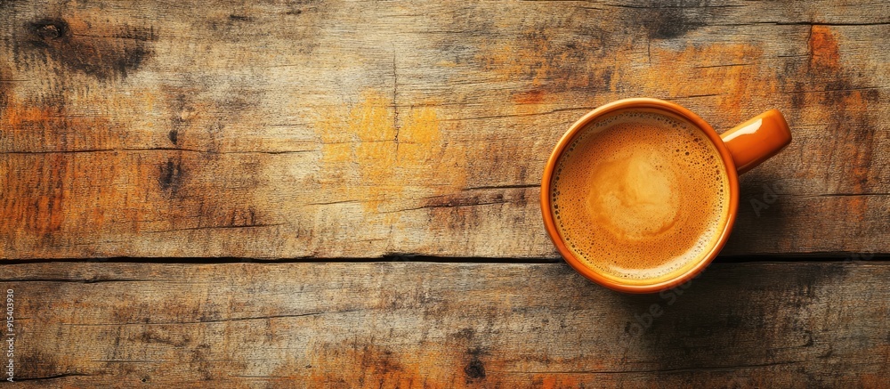 Leinwandbilder coffee on a distressed wooden background with a light orange hue. with copy space image. place for a