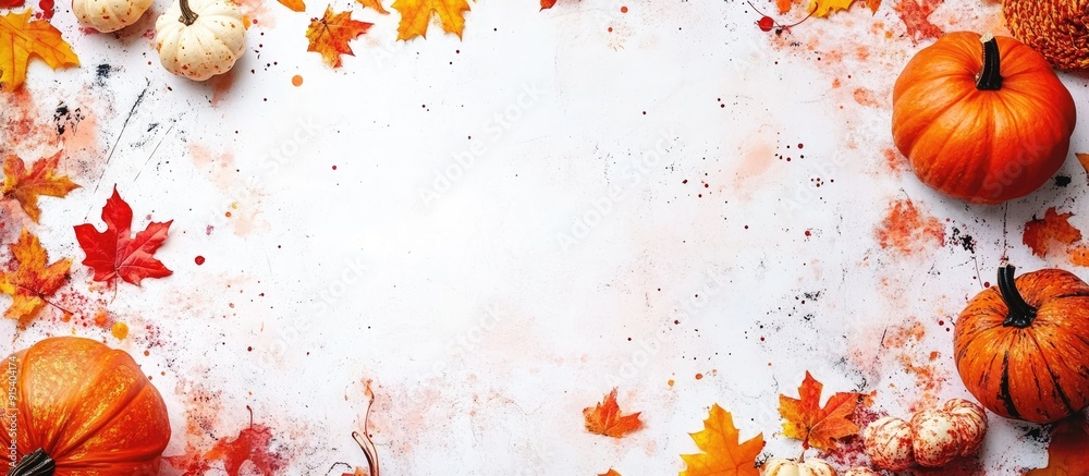 Poster Halloween background on a white surface Colorful party decorations and fall leaves. with copy space image. Place for adding text or design