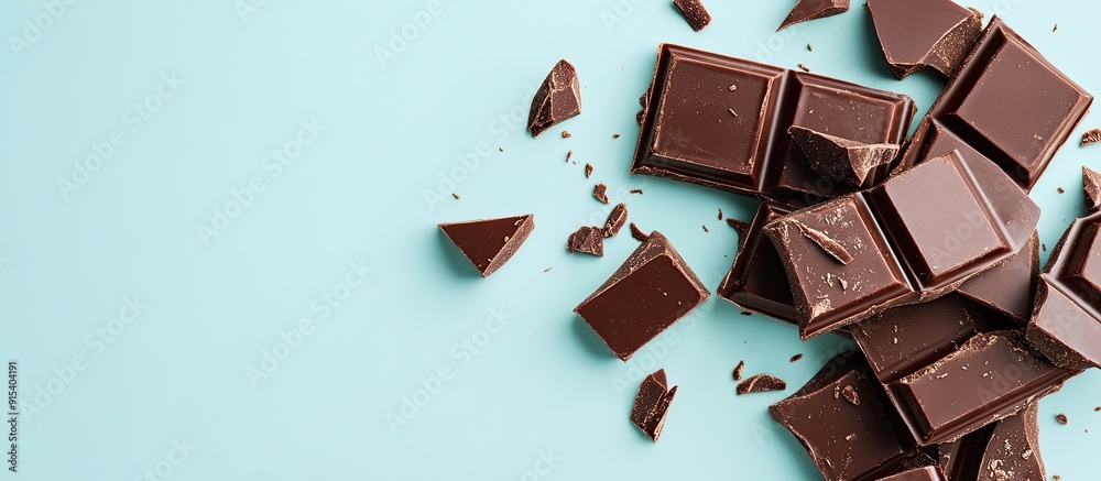 Leinwandbilder delicious chocolate bar pieces on a light blue background top view room for text. with copy space im