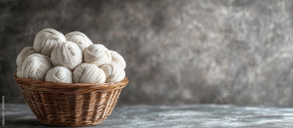 Poster beige woolen yarn skeins for knitting tumbled out of the handcrafted brown basket materials for knit