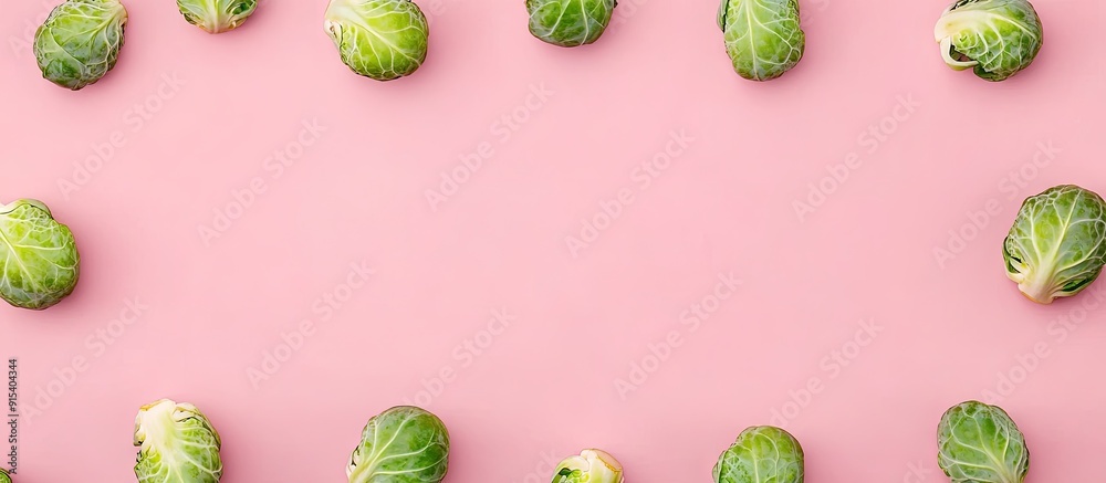 Aufkleber fresh brussels sprouts on a pink background top view room for text. with copy space image. place for