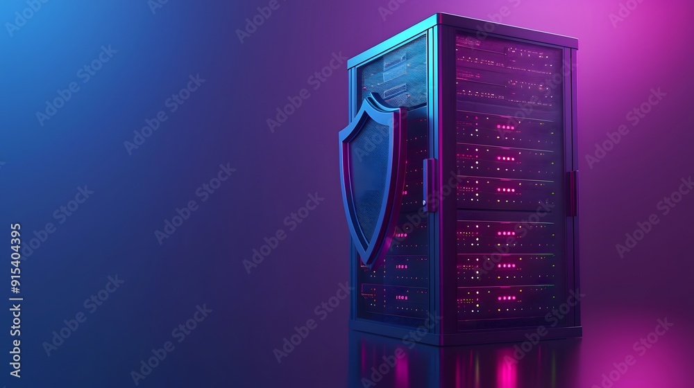 Poster modern server rack in a data center with shield symbol, representing cyber security and data protect