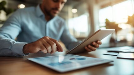 A professional man analyzes data on a tablet while sitting at a desk during the daytime in a modern office setting