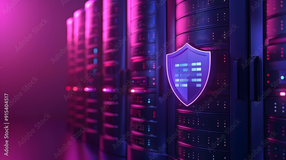 Poster modern server room with cybersecurity shield icon. concept of data protection and secure network sto