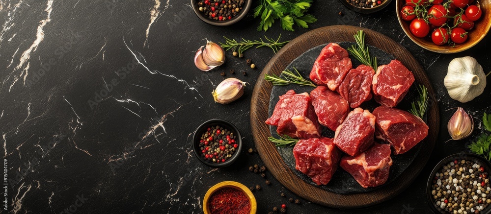 Poster Raw beef pieces products and spices on a textured black table viewed from above Space for text. with copy space image. Place for adding text or design