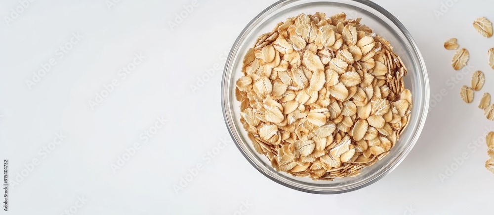 Poster Uncooked oat flakes in a glass bowl on a white background Healthy food Close up top view. with copy space image. Place for adding text or design