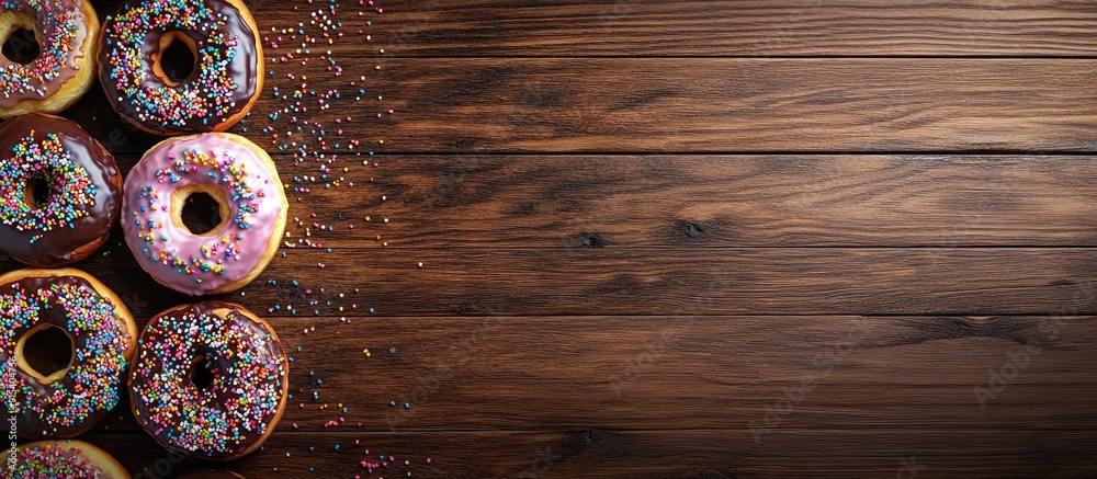 Fototapete Assorted donuts on a wooden background viewed from above with empty space for text Chocolate and vanilla frosted donuts adorned with colorful sprinkles Glazed donuts with sprinkles on a wooden surfac