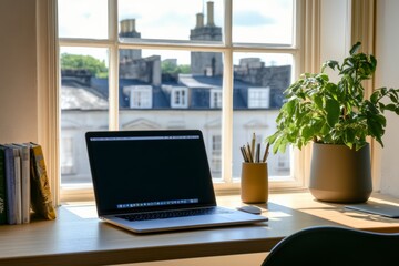 Fototapeta premium Minimalist home office setup with laptop by window, featuring natural light and city view