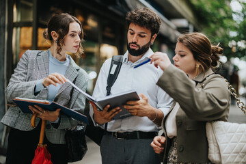 Young business professionals discussing strategies and market trends in an outdoor meeting at an urban city location.