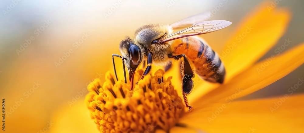 Fototapete a bee on an orange flower gathering pollen and nectar for the hive. with copy space image. place for