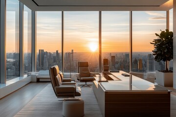 Modern office with cityscape view at sunset, coworking space embracing minimalism