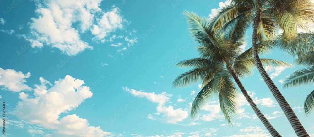 Poster palm trees set against a blue sky with clouds a tropical summer travel frame background featuring co