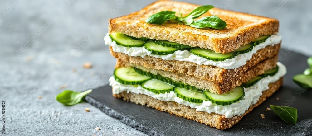 Poster close up of cucumber sandwiches with soft cheese perfect for a delicious healthy vegetarian breakfas