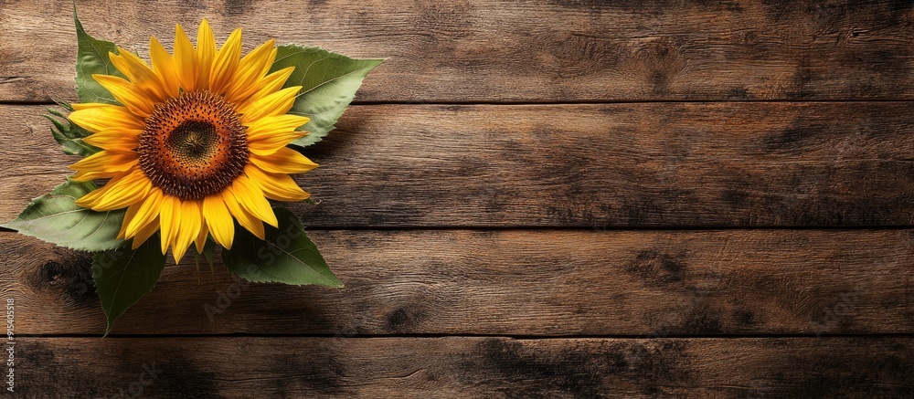Aufkleber Yellow sunflower against a brown wooden backdrop Autumn image showcasing the harvest. with copy space image. Place for adding text or design
