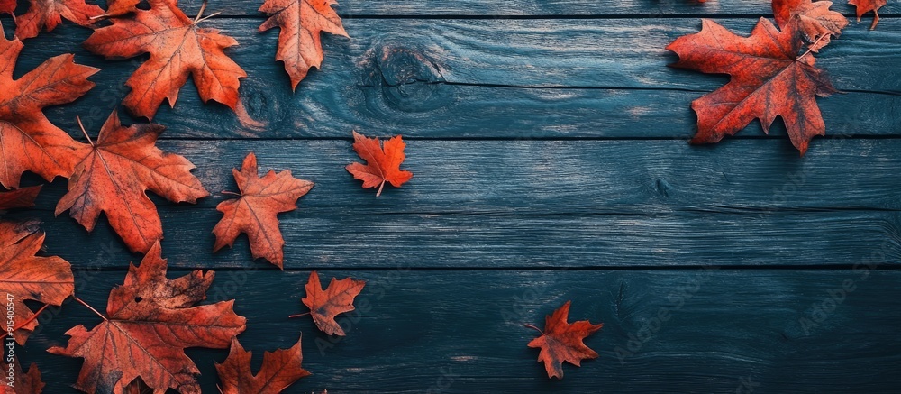 Leinwandbilder vibrant maple leaves on a wooden surface thanksgiving autumn. with copy space image. place for addin