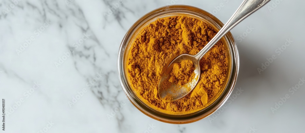Aufkleber curry powder in a glass with a spoon on a white marble table top view copyspace available