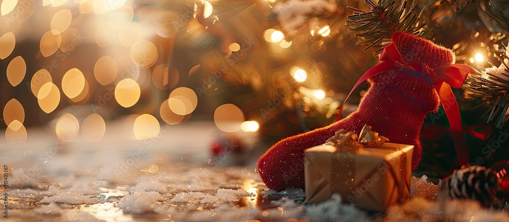 Leinwandbilder christmas gift wrapped in kraft paper placed in a new year sock under the christmas tree with a spar