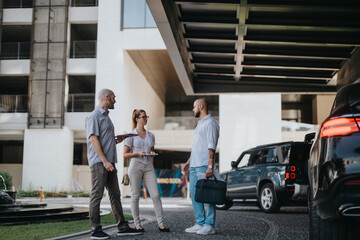 Group of three diverse business professionals standing outdoors, having a discussion near a modern corporate office building.
