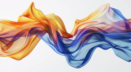 Abstract 3D rendering of flowing, colorful fabrics in blue and orange against a white background. The shapes appear to be floating