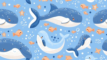Underwater world. Seamless pattern with hand drawn marine life