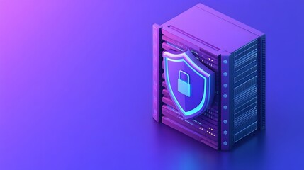 Secure server data storage concept. Illustration of a server rack with padlock shield icon, representing security and data protection.