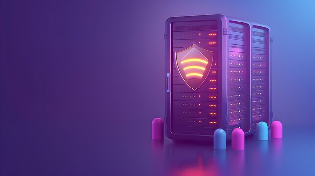 Secure server data center with glowing shield icon, representing cybersecurity and data protection in a modern digital atmosphere.
