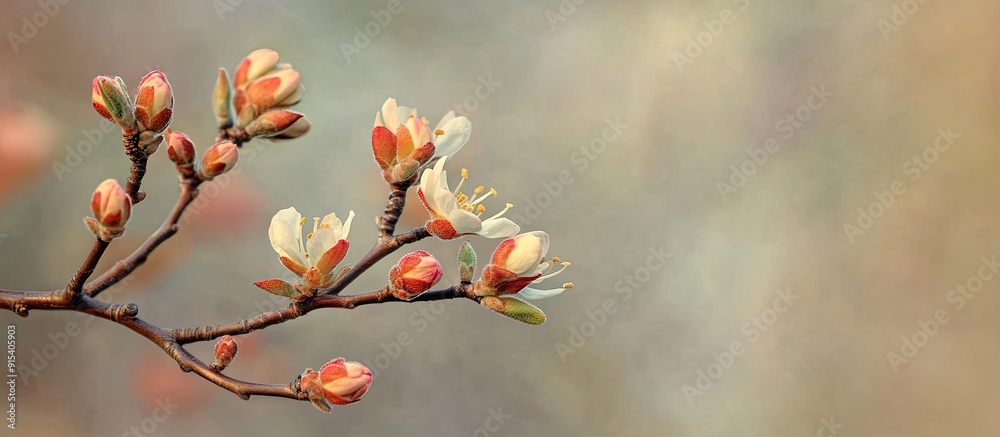 Poster Close up texture background of serviceberry tree amelanchier arborea branches featuring newly opened flower buds and leaves in spring. with copy space image. Place for adding text or design