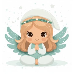 Cute angel with light brown hair and wings sitting peacefully on a white background