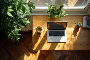 Modern minimalist home office setup with laptop on wooden desk