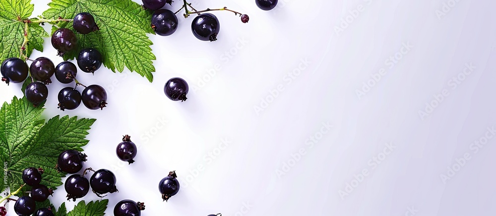 Aufkleber black currant a backdrop featuring black currants and leaves on a white surface space for text. with