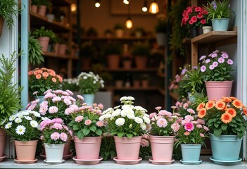 Pastel Flower Shop: A Charming Floral Haven with Hanging Plants and Rustic Shelves