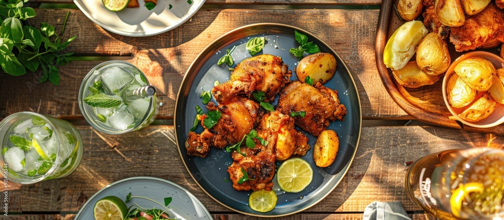 Poster dinner table with fried chicken and potatoes alongside a refreshing mojito top view copy space dinin