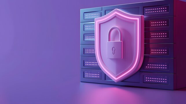 Secure server room with futuristic shield and padlock icon, representing data protection, cybersecurity, and secure internet infrastructure.
