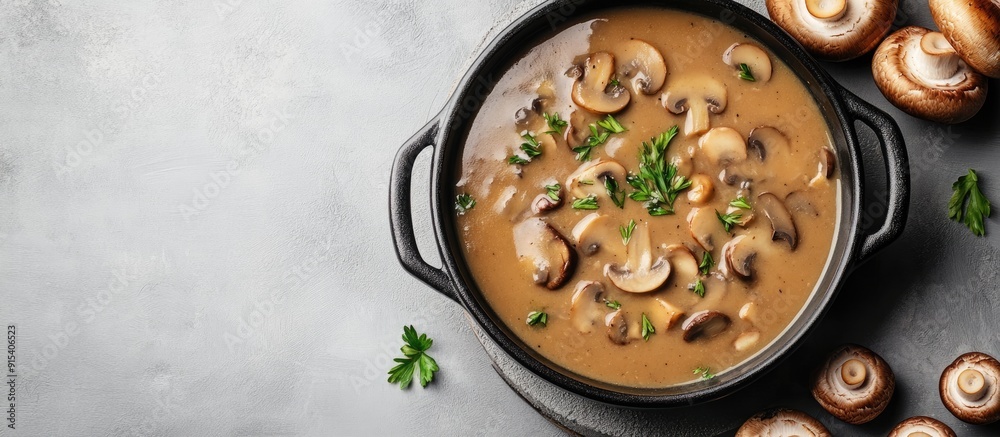 Aufkleber delicious mushroom soup in a pan on a gray background close up copy space