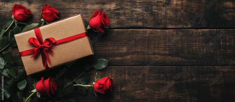 Poster Valentine s Day gift box and red roses on a wooden surface Top view with room for your greetings. with copy space image. Place for adding text or design