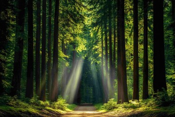 Obraz premium A tranquil highway surrounded by towering pine trees, with sunlight filtering through the branches, creating a serene and adventurous atmosphere, Realism, Photography