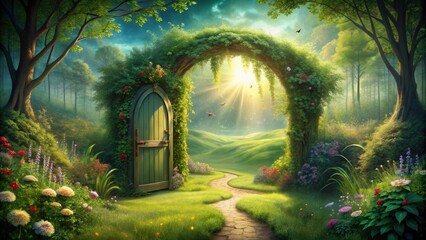 Magic entrance to wonderland in a green country scenery, magic, entrance, wonderland, green,...