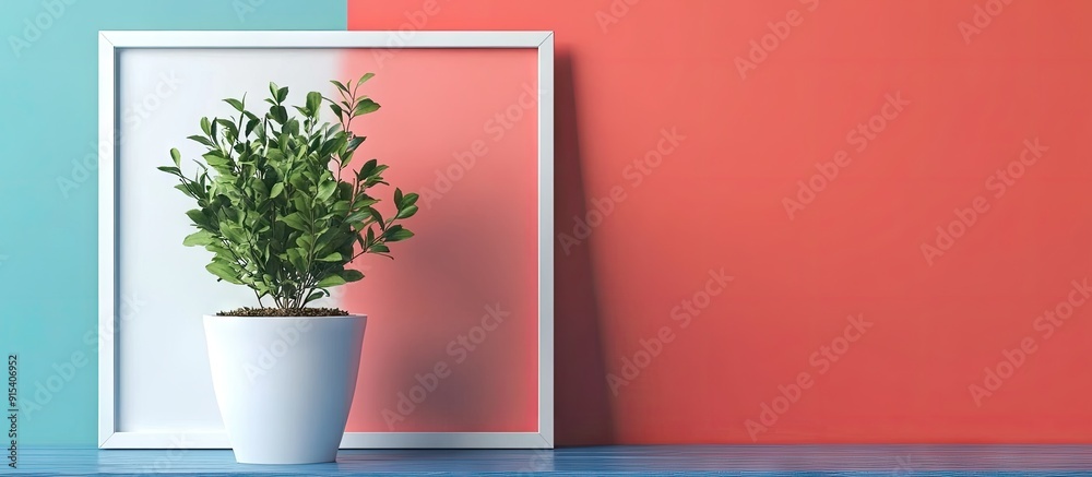 Poster a white photo frame and a ceramic pot containing a growing plant are placed on a blue wooden table f